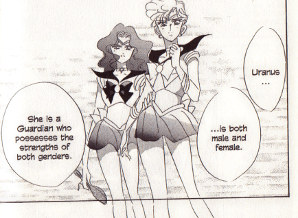 A scan of a Sailor Moon comic book in which Sailors Uranus and Neptune are standing. Neptune is saying "Uranus is both male and female. She is a Guardian who possesses the strengths of both genders."